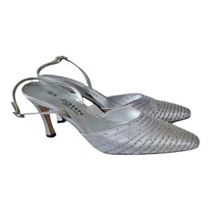 St.John Silver Satin Beaded Sling Back Pumps Heels